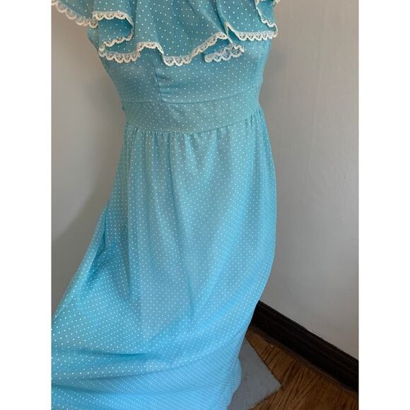 VTG 70s Boho Maxi Dress Blue Polka Dot Prairie Country Ruffle Gunne Handmade - Picture 5 of 16